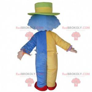 Mascota de payaso colorido, traje de circo, acróbata -