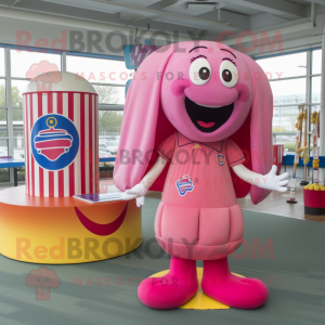Pink Hot Dogs mascot costume character dressed with a Circle Skirt and Ties