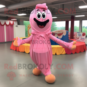 Pink Hot Dogs mascot costume character dressed with a Circle Skirt and Ties