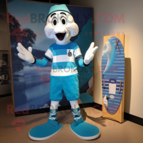 Cyan Mime mascot costume character dressed with a Board Shorts and Shoe clips