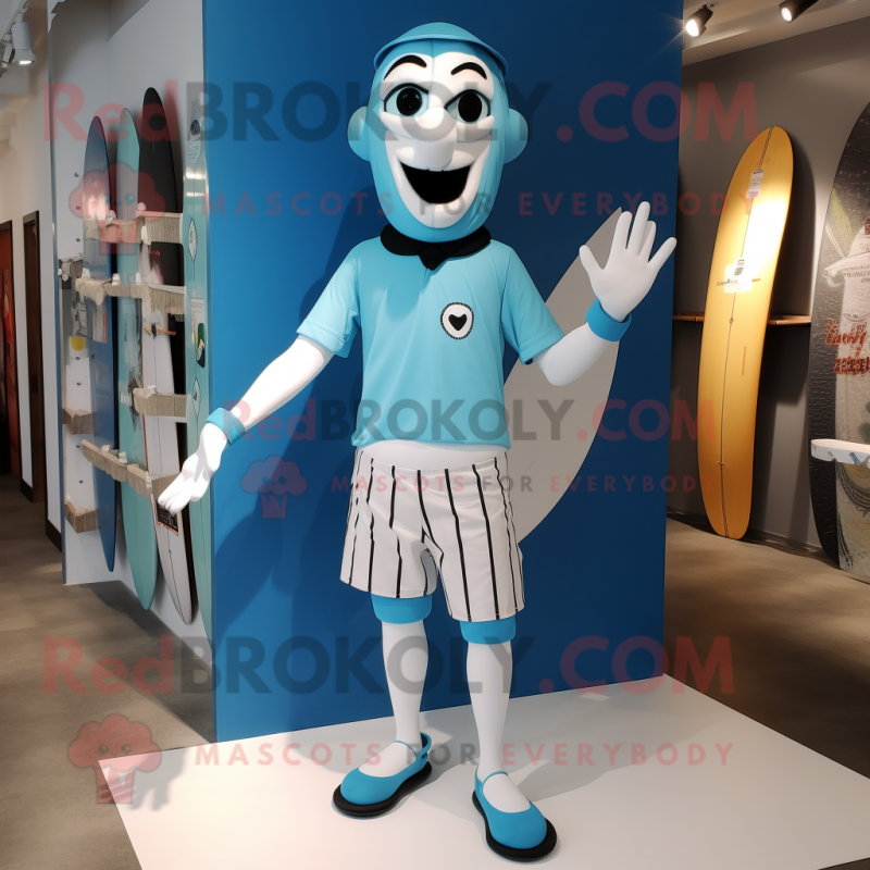 Cyan Mime mascot costume character dressed with a Board Shorts and Shoe clips