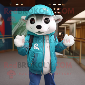 Teal Ermine mascot costume character dressed with a Leather Jacket and Beanies