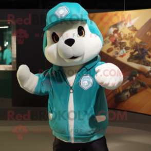 Teal Ermine mascot costume character dressed with a Leather Jacket and Beanies