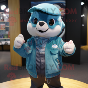 Teal Ermine mascot costume character dressed with a Leather Jacket and Beanies