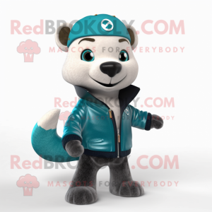 Teal Ermine mascot costume character dressed with a Leather Jacket and Beanies