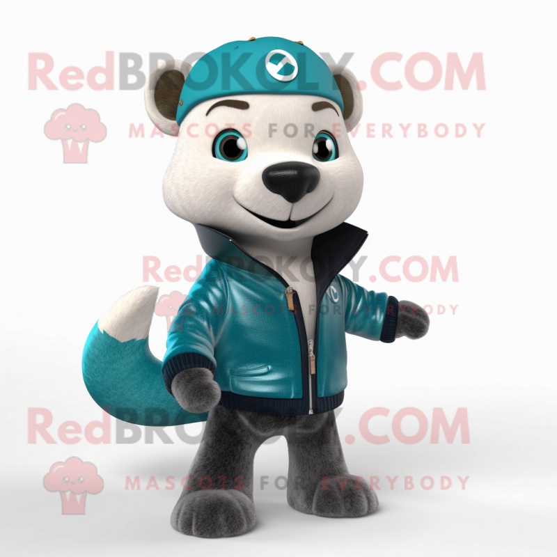 Teal Ermine mascot costume character dressed with a Leather Jacket and Beanies Teal Ermine mascot costume character dressed with a Leather Jacket and Beanies