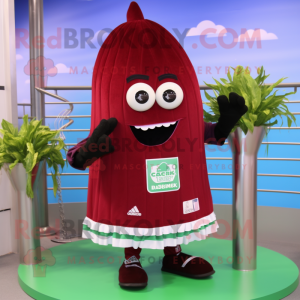 Maroon Celery mascot costume character dressed with a Swimwear and Keychains