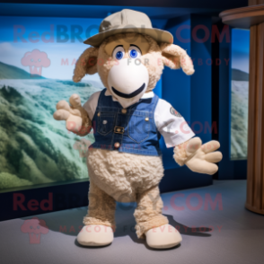 Beige Sheep mascot costume character dressed with a Denim Shorts and Hat pins