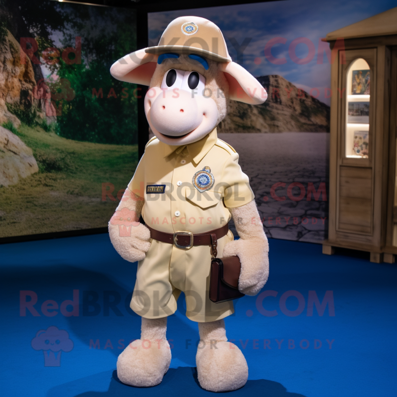 Beige Sheep mascot costume character dressed with a Denim Shorts and Hat pins