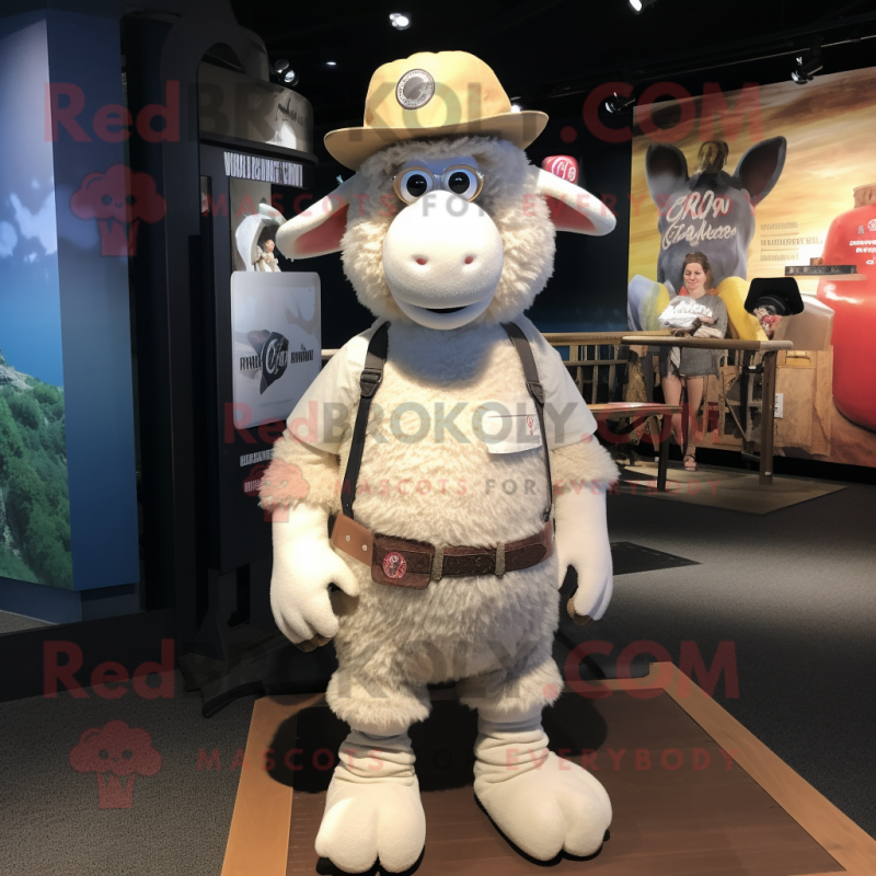 Beige Sheep mascot costume character dressed with a Denim Shorts and Hat pins Beige Sheep mascot costume character dressed with a Denim Shorts and Hat pins