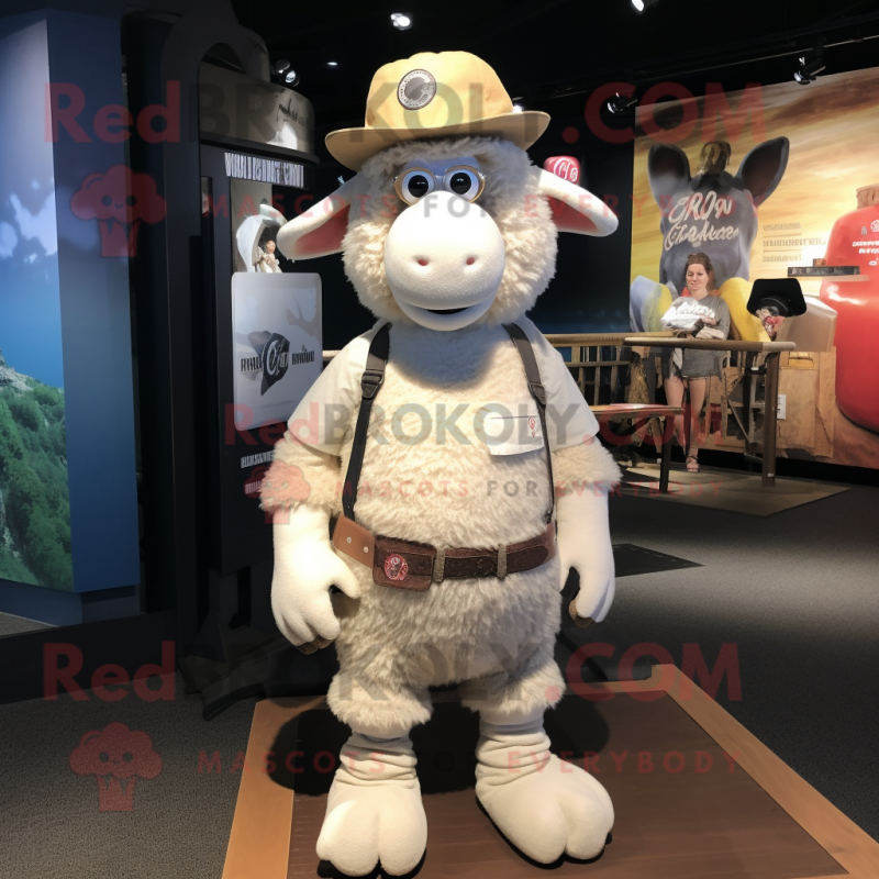 Beige Sheep mascot costume character dressed with a Denim Shorts and Hat pins