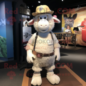 Beige Sheep mascot costume character dressed with a Denim Shorts and Hat pins