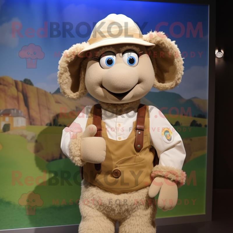 Beige Sheep mascot costume character dressed with a Denim Shorts and Hat pins