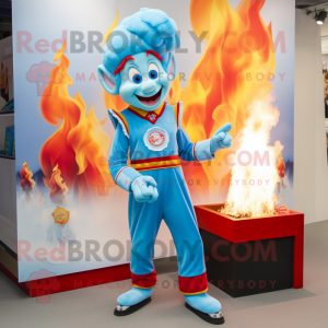 Sky Blue Fire Eater mascot costume character dressed with a Culottes and Shoe laces