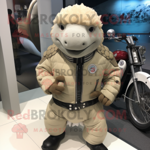 Cream Glyptodon mascot costume character dressed with a Biker Jacket and Brooches