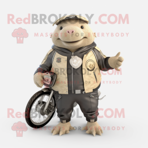 Cream Glyptodon mascot costume character dressed with a Biker Jacket and Brooches