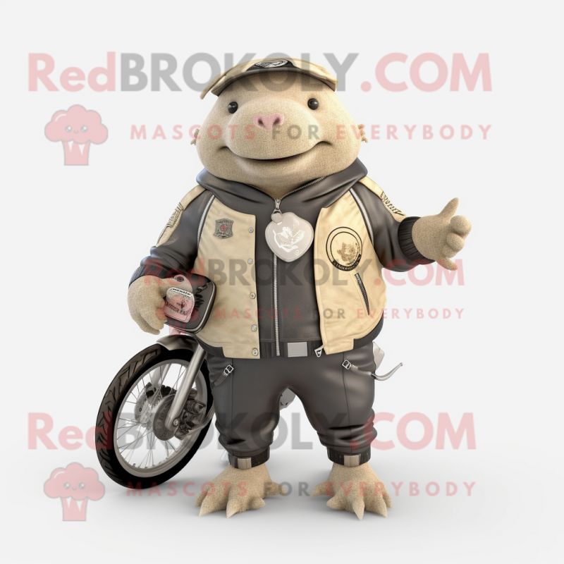 Cream Glyptodon mascot costume character dressed with a Biker Jacket and Brooches Cream Glyptodon mascot costume character dressed with a Biker Jacket and Brooches