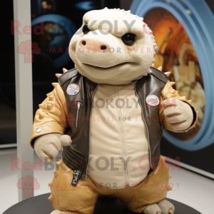 Cream Glyptodon mascot costume character dressed with a Biker Jacket and Brooches