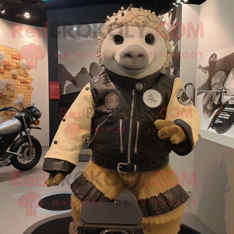 Cream Glyptodon mascot costume character dressed with a Biker Jacket and Brooches Cream Glyptodon mascot costume character dressed with a Biker Jacket and Brooches