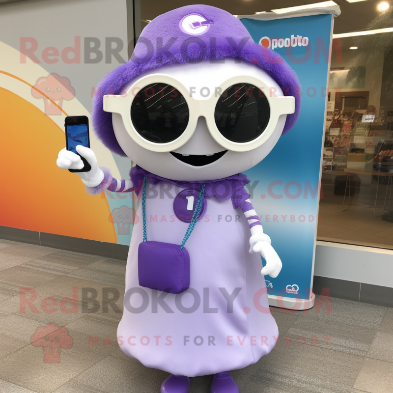 Lavender Phone mascot costume character dressed with a Circle Skirt and Sunglasses