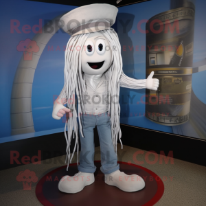 Silver Spaghetti mascot costume character dressed with a Bootcut Jeans and Lapel pins