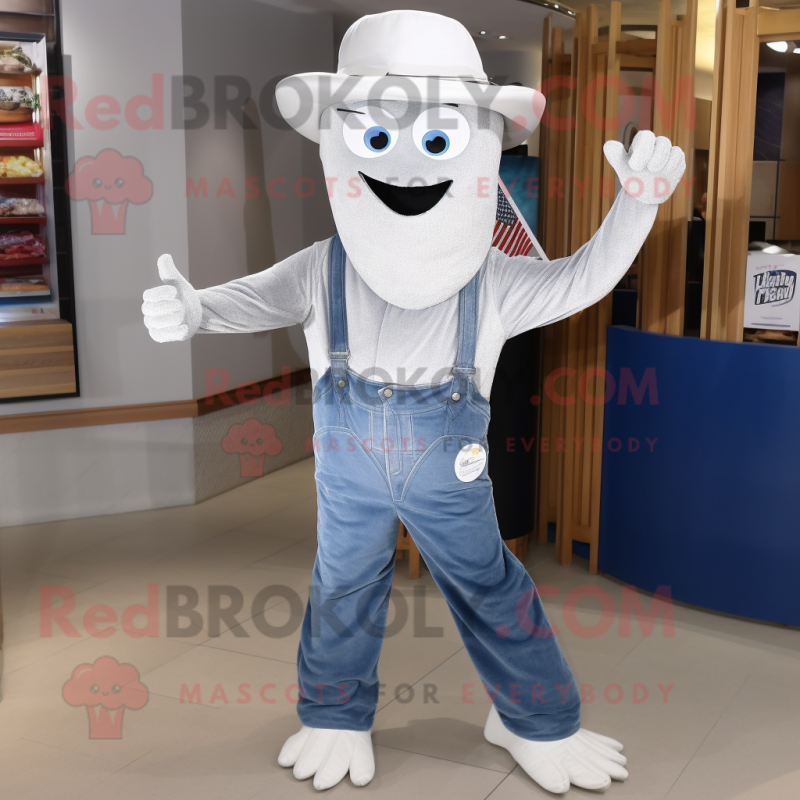 Silver Spaghetti mascot costume character dressed with a Bootcut Jeans and Lapel pins