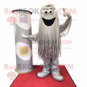 Silver Spaghetti mascot costume character dressed with a Bootcut Jeans and Lapel pins