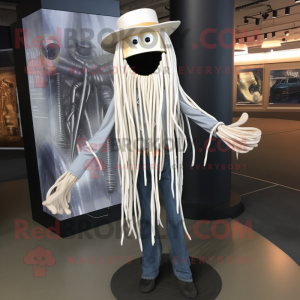 Silver Spaghetti mascot costume character dressed with a Bootcut Jeans and Lapel pins