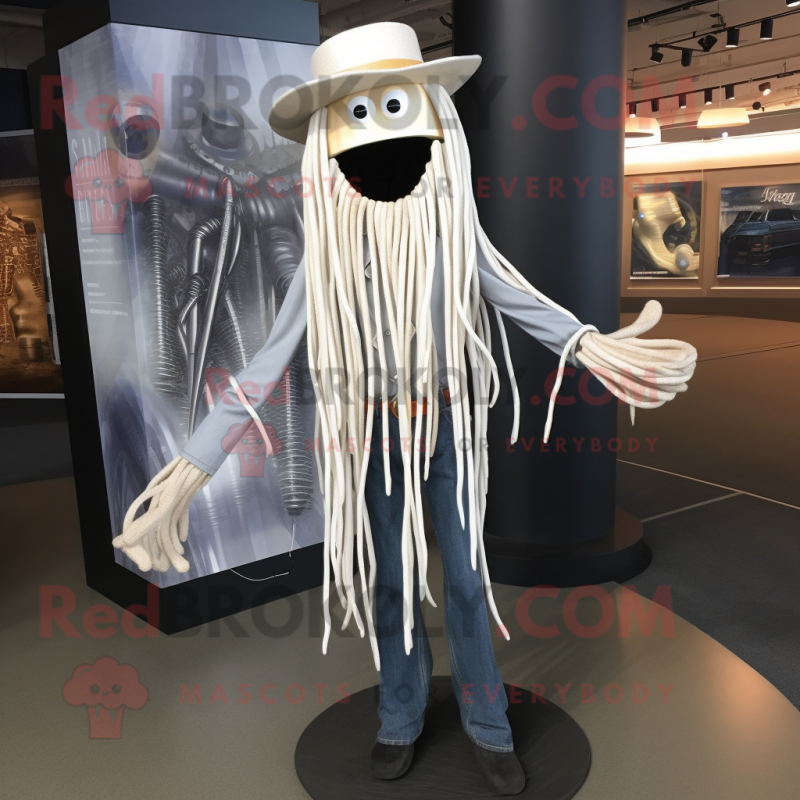 Silver Spaghetti mascot costume character dressed with a Bootcut Jeans and Lapel pins Silver Spaghetti mascot costume character dressed with a Bootcut Jeans and Lapel pins