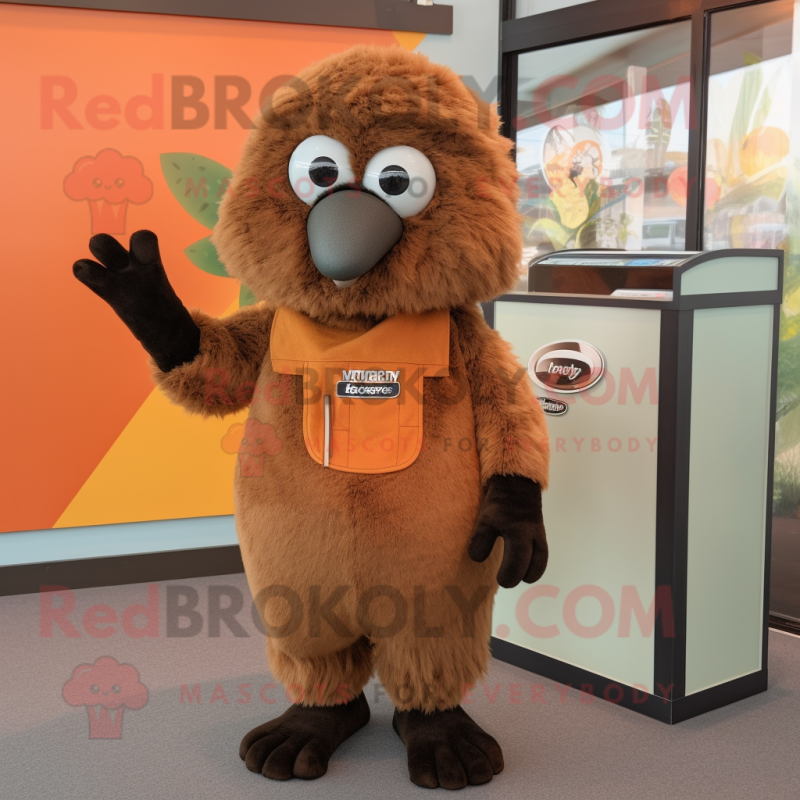 Rust Kiwi mascot costume character dressed with a Dress Pants and Mittens