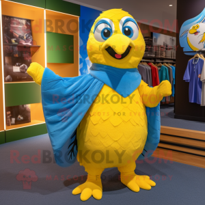 Yellow Blue Jay mascot costume character dressed with a Playsuit and Shawls