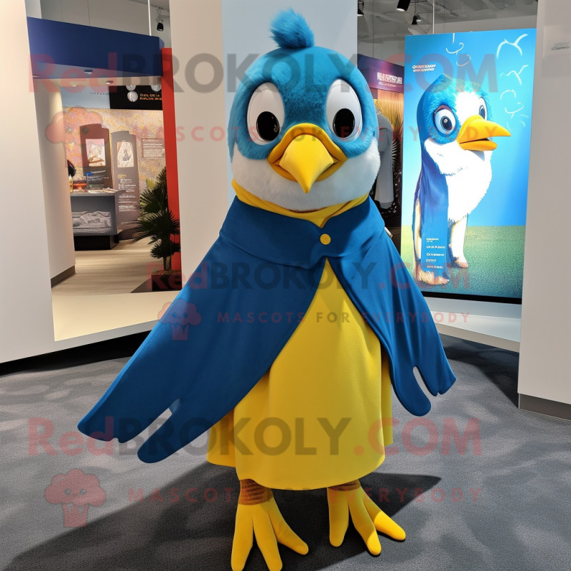 Yellow Blue Jay mascot costume character dressed with a Playsuit and Shawls Yellow Blue Jay mascot costume character dressed with a Playsuit and Shawls