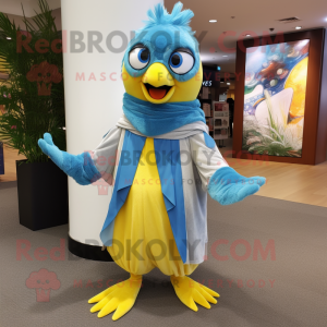 Yellow Blue Jay mascot costume character dressed with a Playsuit and Shawls