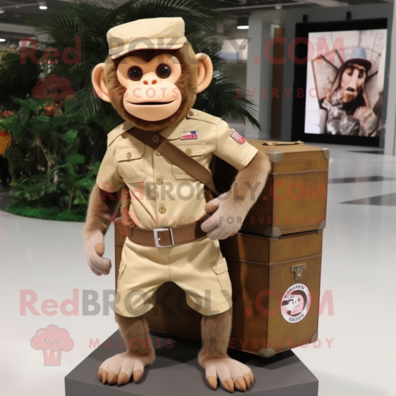 Beige Capuchin Monkey mascot costume character dressed with a Cargo Shorts and Rings