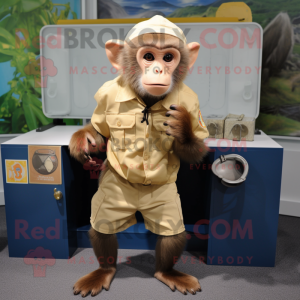 Beige Capuchin Monkey mascot costume character dressed with a Cargo Shorts and Rings