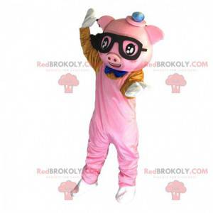 Schweinemaskottchen in Rosa mit Brille gekleidet -