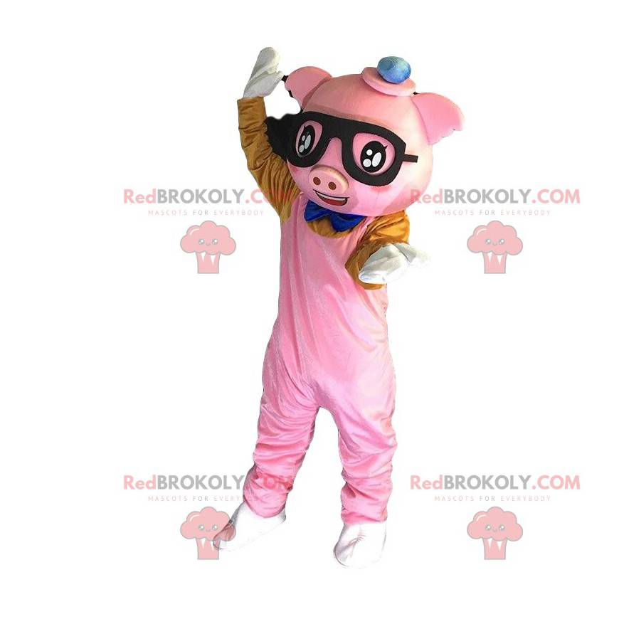 Mascotte de cochon habillé en rose avec des lunettes -