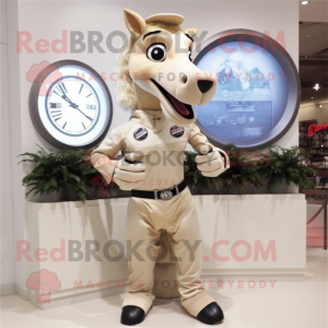 Beige Mare mascot costume character dressed with a Playsuit and Bracelet watches