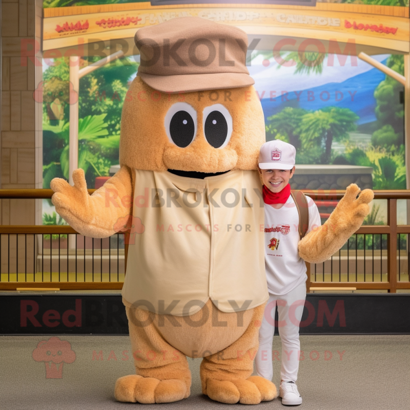 Tan Shrimp Scampi mascot costume character dressed with a Henley Tee and Beanies Tan Shrimp Scampi mascot costume character dressed with a Henley Tee and Beanies
