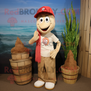 Tan Shrimp Scampi mascot costume character dressed with a Henley Tee and Beanies