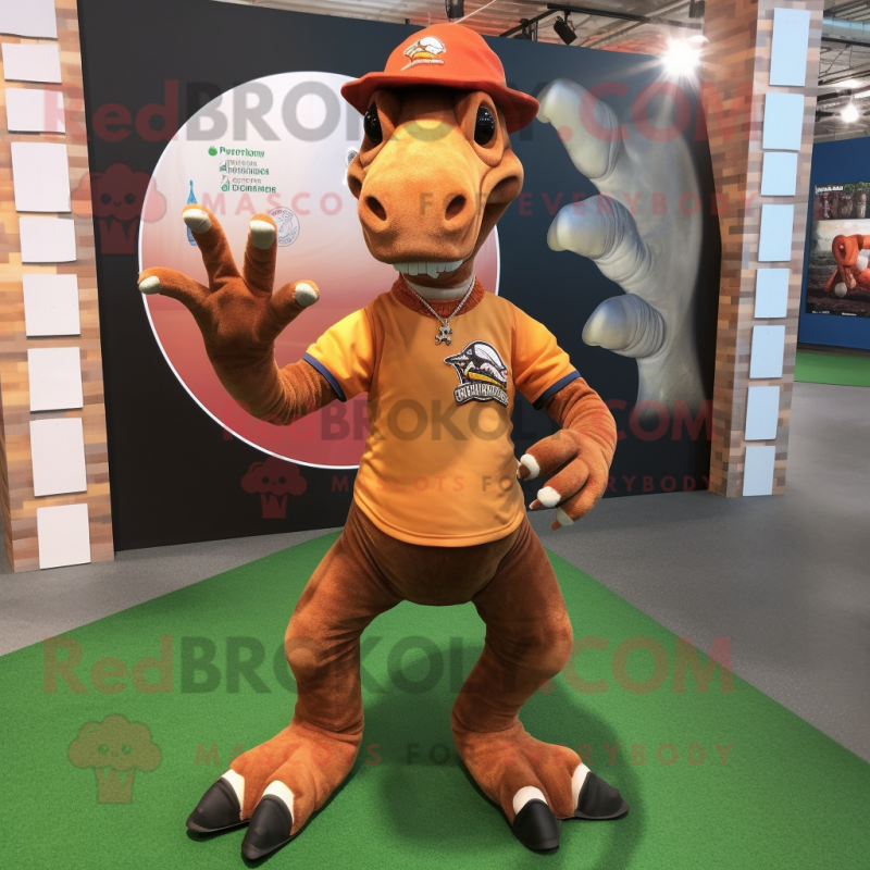 Rust Parasaurolophus mascot costume character dressed with a Polo Tee and Gloves Rust Parasaurolophus mascot costume character dressed with a Polo Tee and Gloves