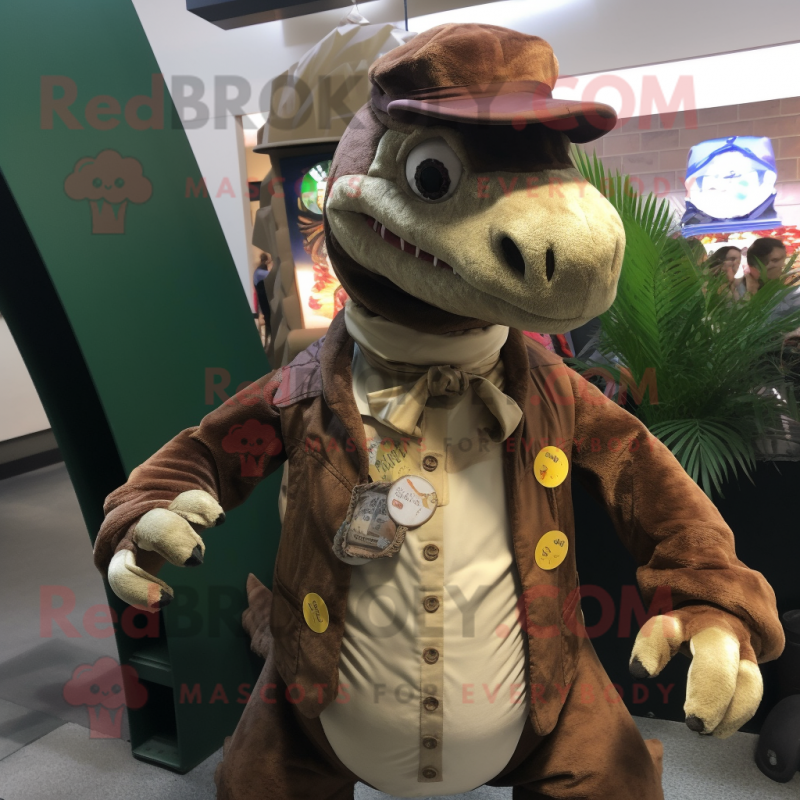 Brown Utahraptor mascot costume character dressed with a Playsuit and Coin purses