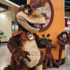 Brown Utahraptor mascot costume character dressed with a Playsuit and Coin purses