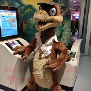 Brown Utahraptor mascot costume character dressed with a Playsuit and Coin purses