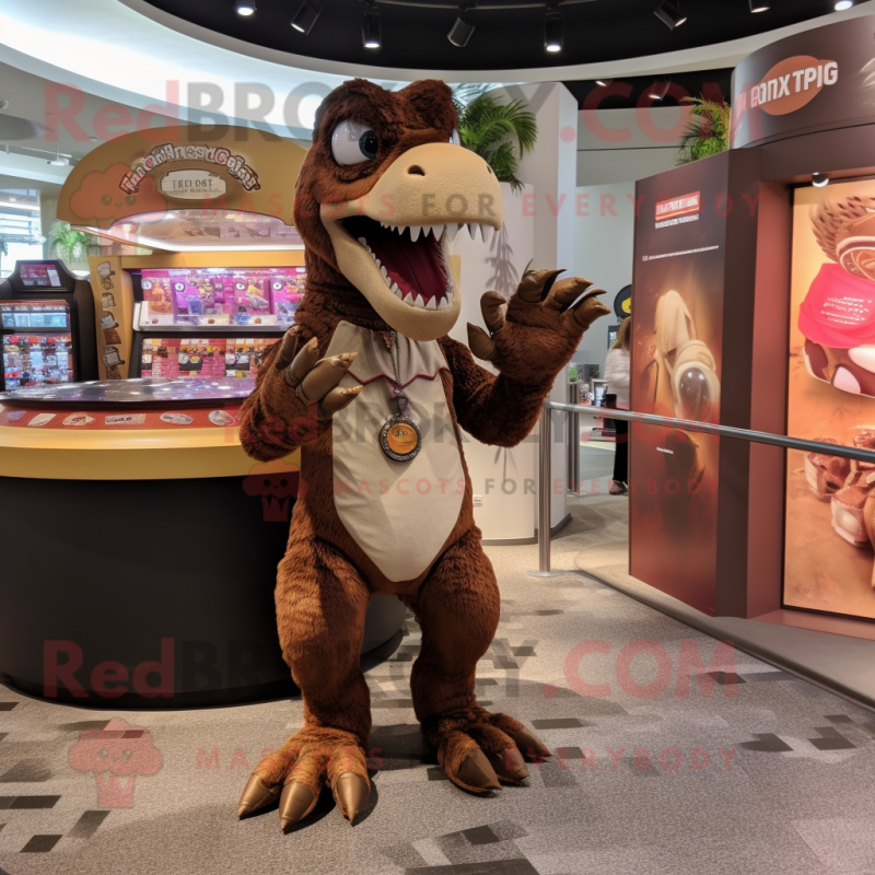 Brown Utahraptor mascot costume character dressed with a Playsuit and Coin purses Brown Utahraptor mascot costume character dressed with a Playsuit and Coin purses