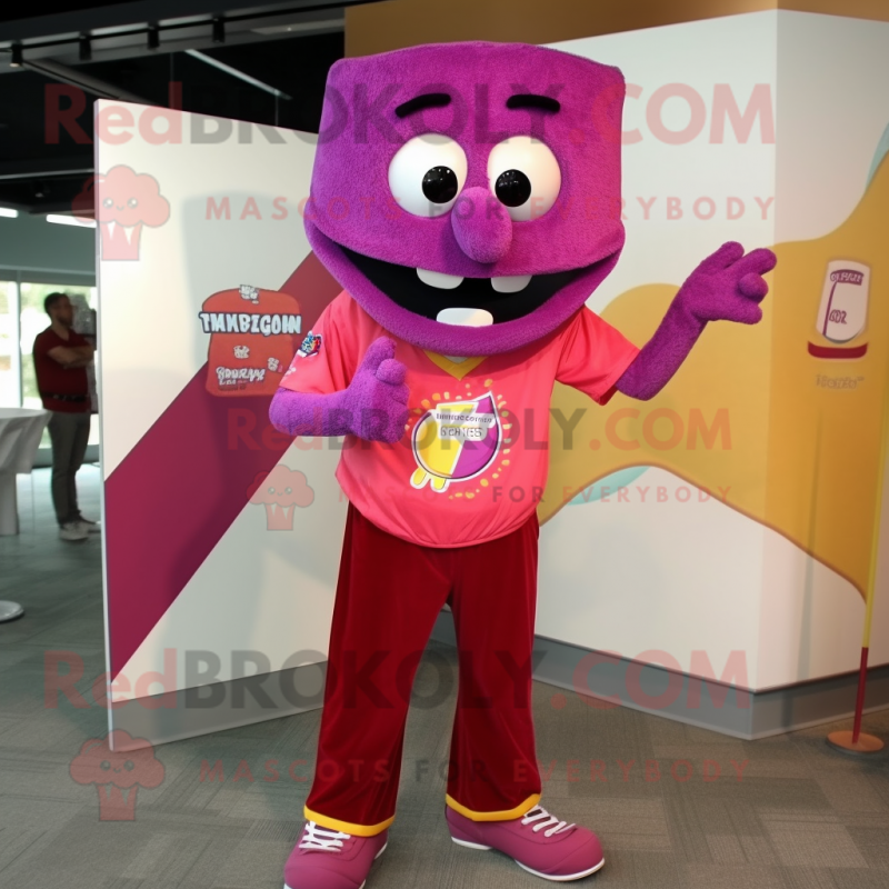 Magenta Pizza mascot costume character dressed with a Corduroy Pants and Tie pins