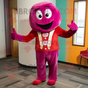 Magenta Pizza mascot costume character dressed with a Corduroy Pants and Tie pins