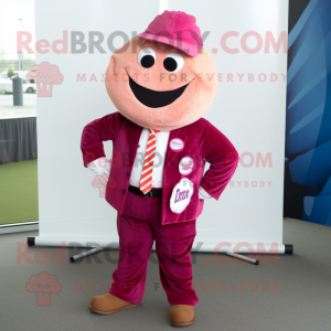 Magenta Pizza mascot costume character dressed with a Corduroy Pants and Tie pins