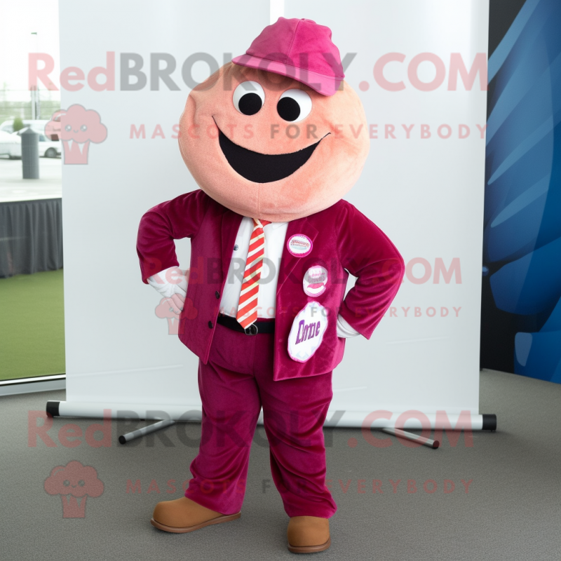 Magenta Pizza mascot costume character dressed with a Corduroy Pants and Tie pins