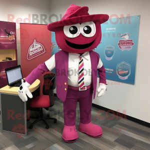 Magenta Pizza mascot costume character dressed with a Corduroy Pants and Tie pins
